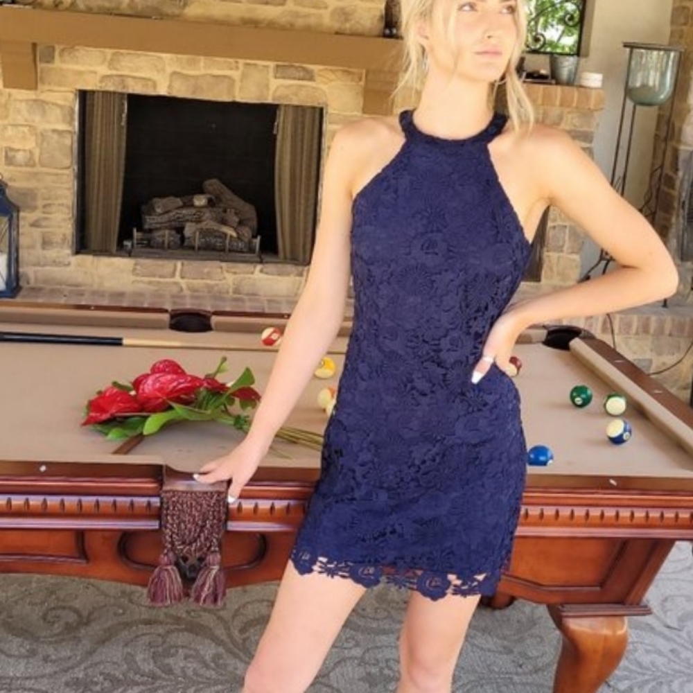 NWT Lulu's Love Poem Navy Blue Lace Mini Dress, XL 14/16 - Picture 4 of 6
